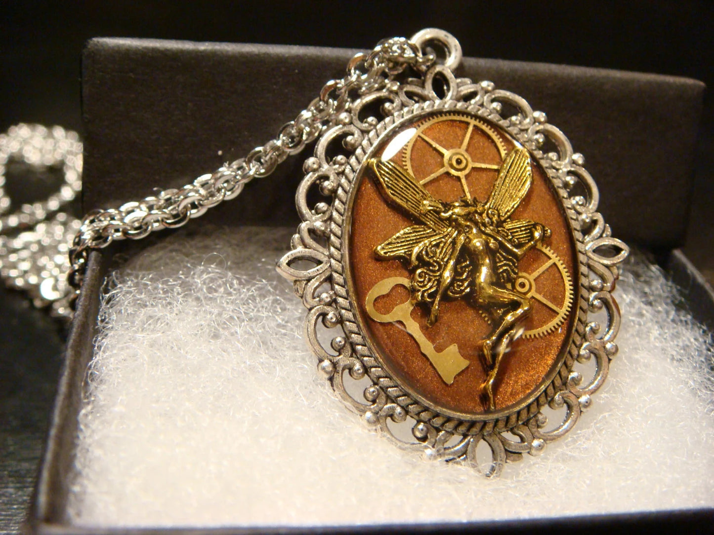 Fairy with Tiny Key and Gears Ornate Necklace