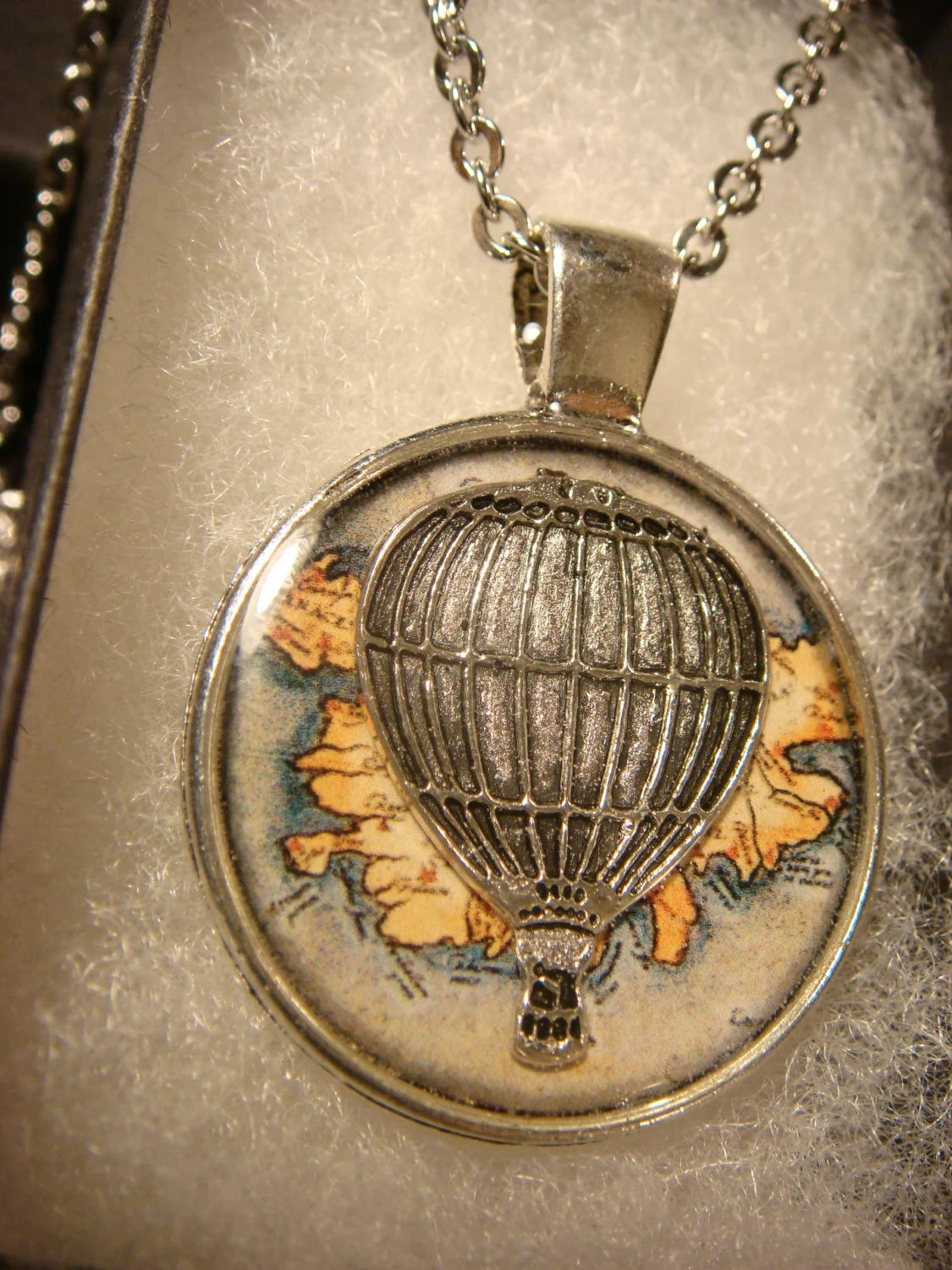 Hot Air Balloon over Map Pendant Necklace
