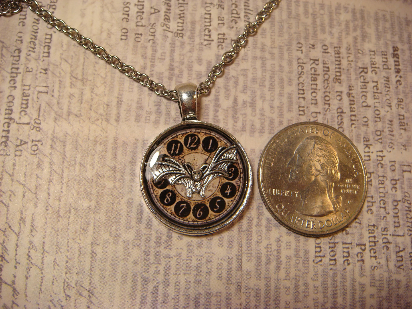 Bat over Clock Small Pendant Necklace