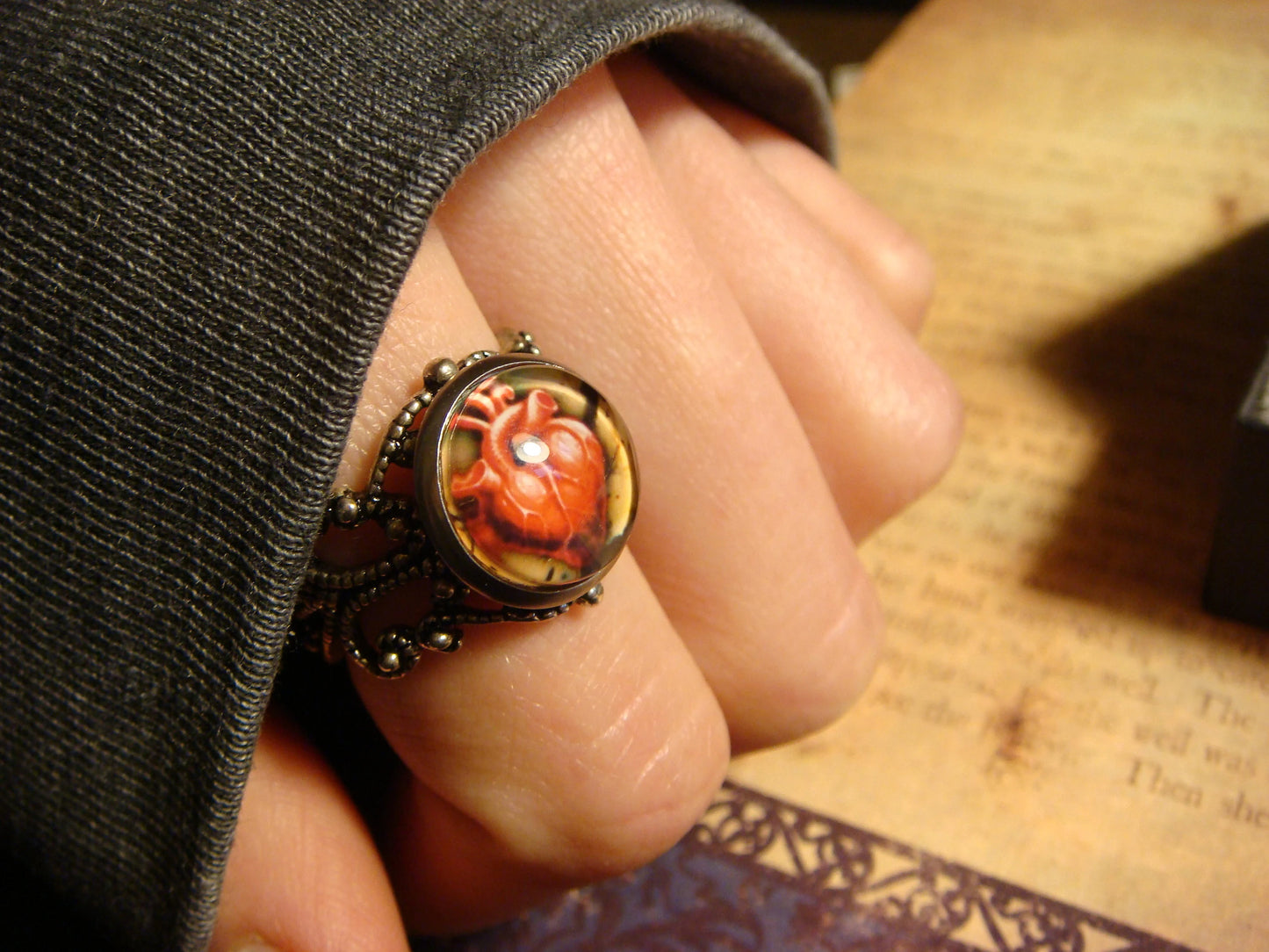 Anatomical Heart Image Filigree Ring in Antique Silver - Adjustable