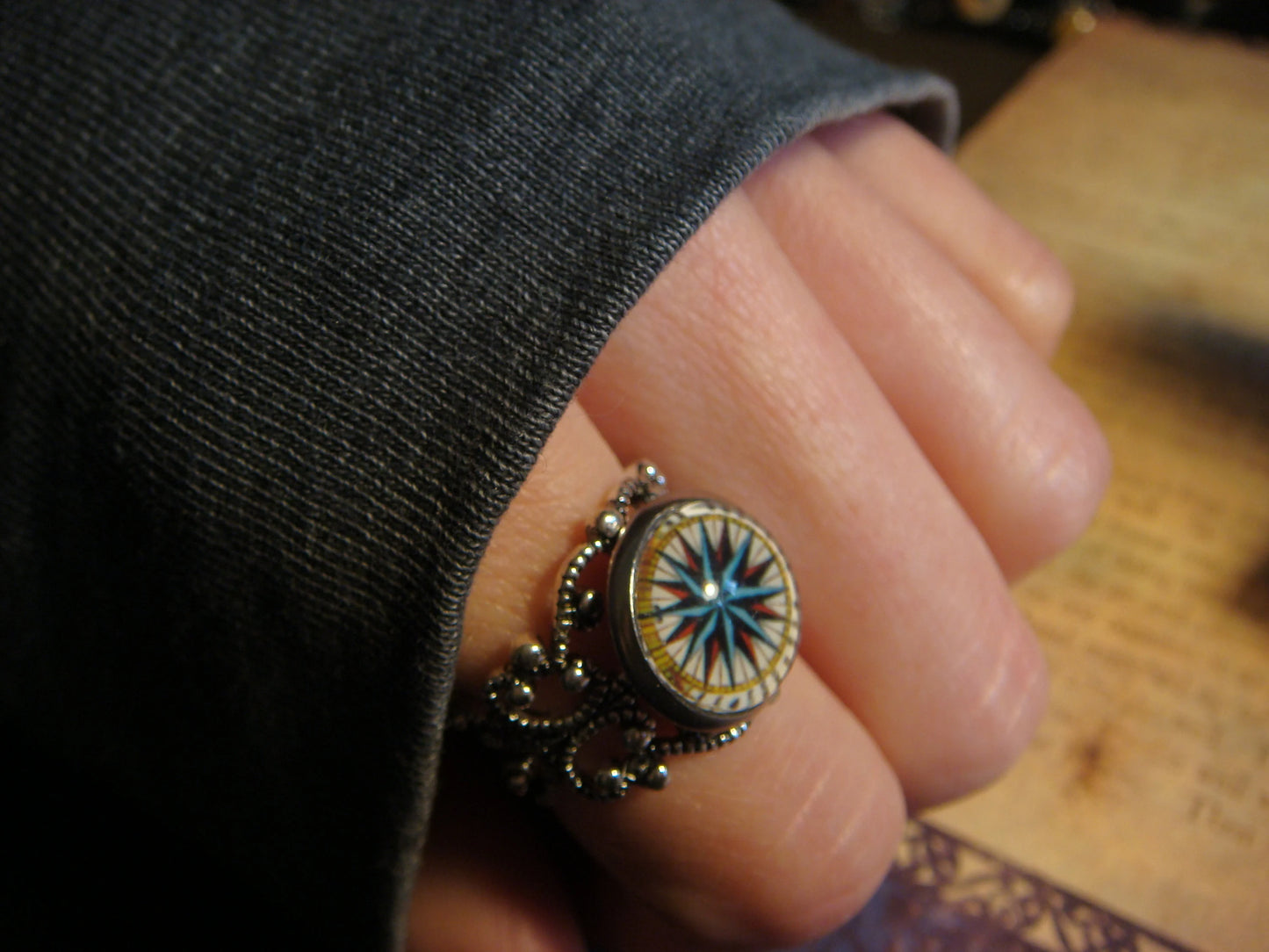 Compass Star Image Filigree Ring in Antique Silver - Adjustable