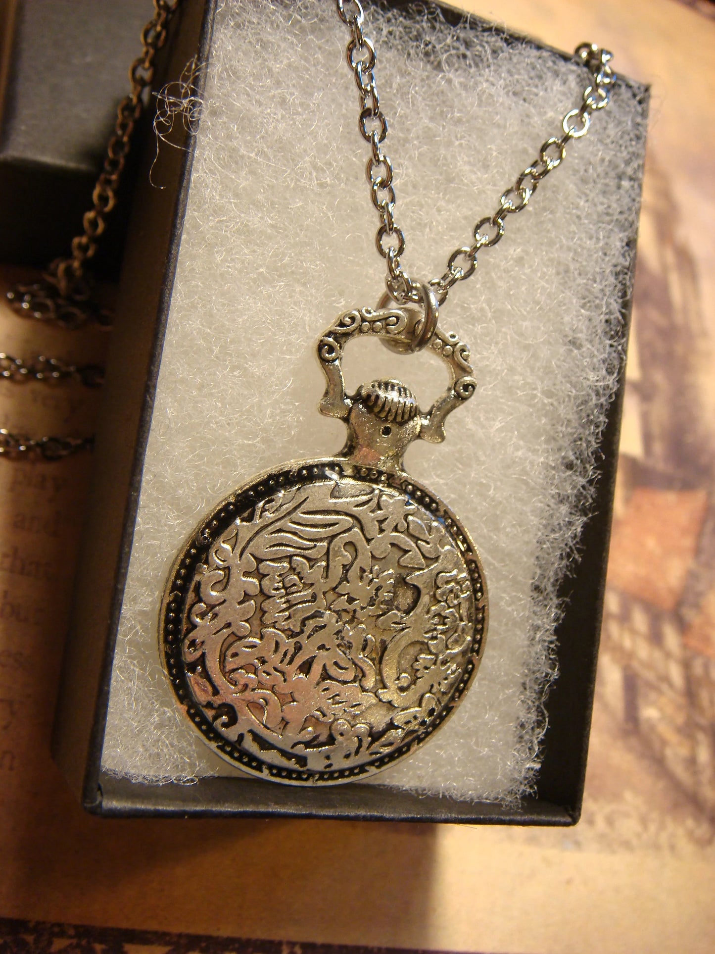 Owl over Map Pocket Watch Pendant Necklace