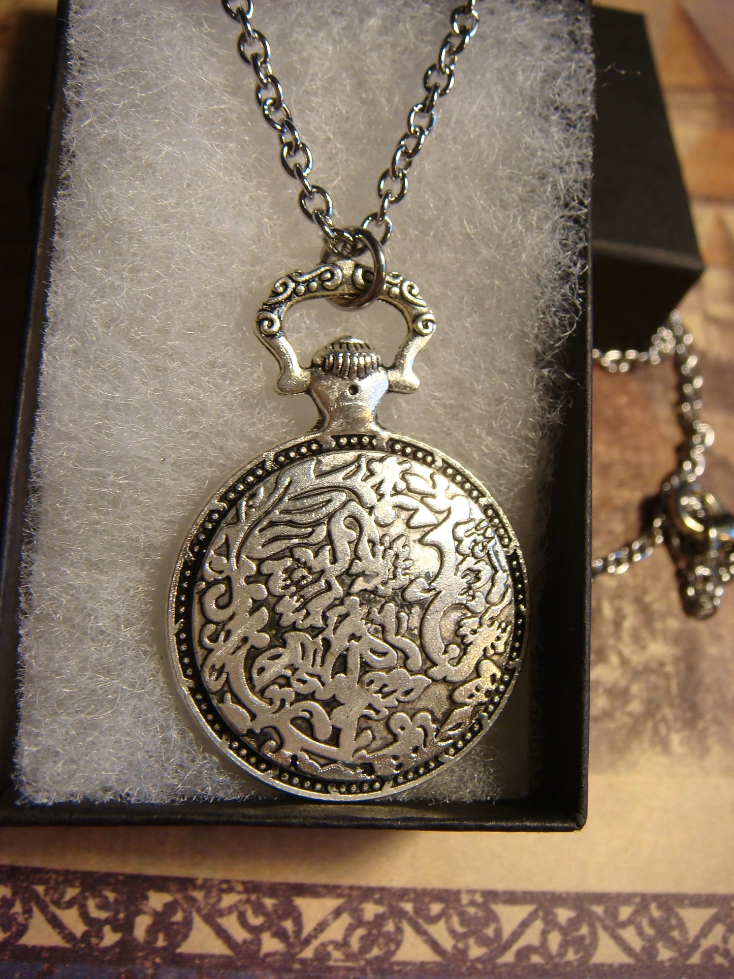 Dragon over Etched Gear Pocket Watch Pendant Necklace