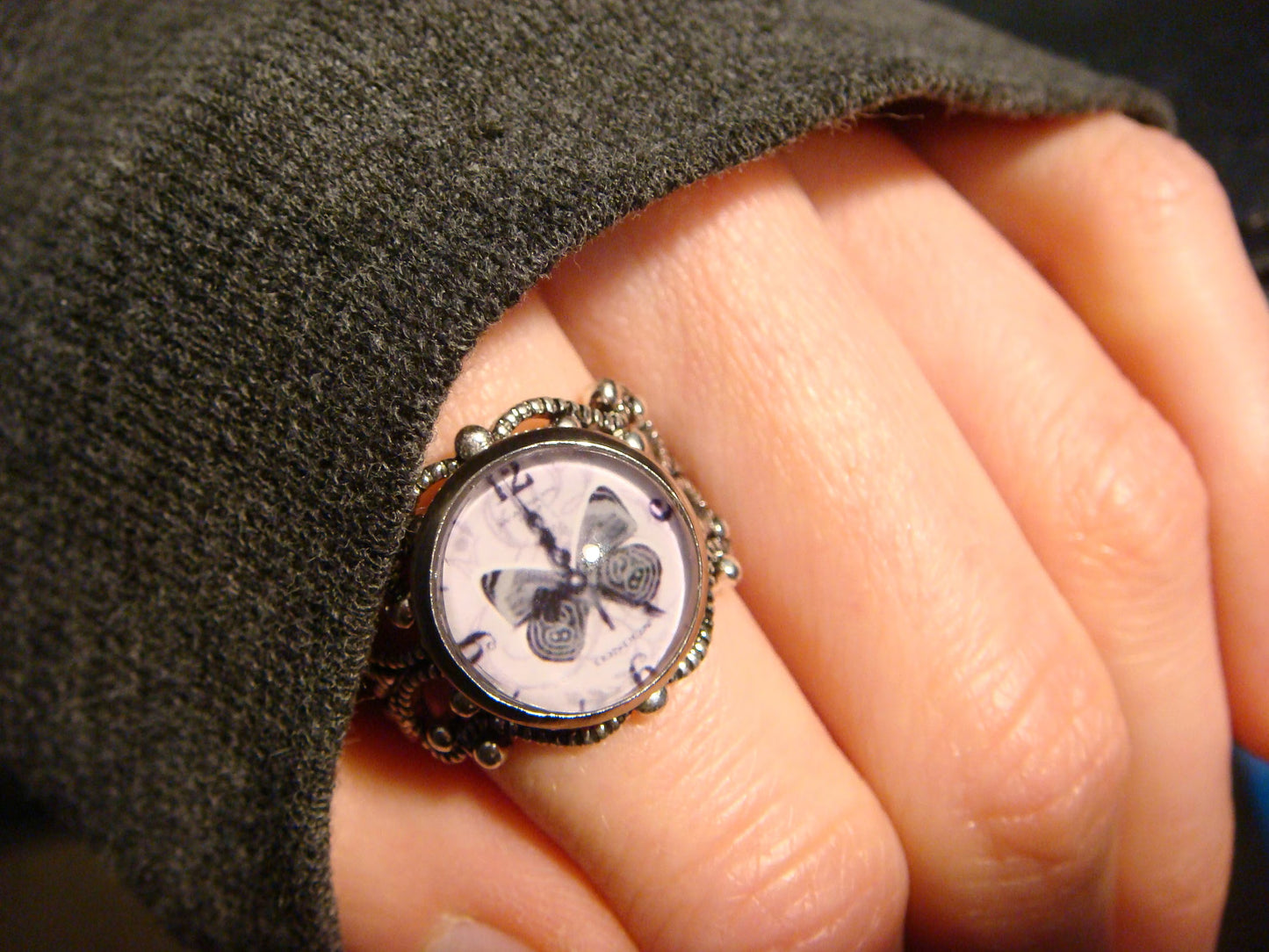 Butterfly Clock Image Filigree Ring in Antique Silver - Adjustable