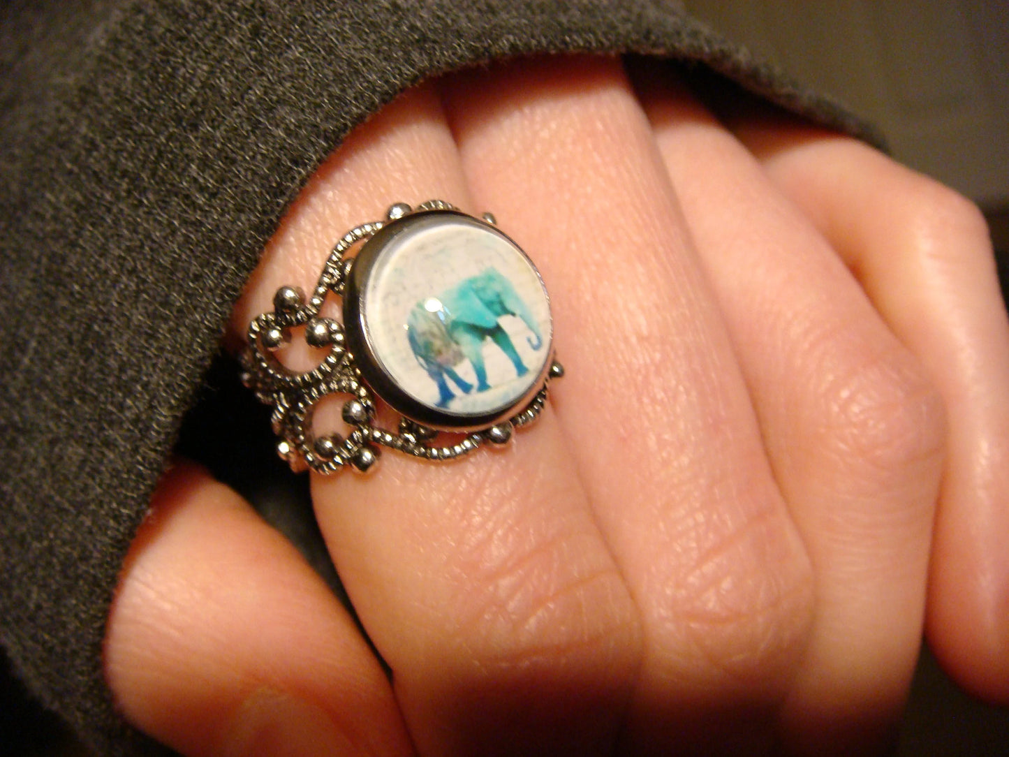 Elephant Image Filigree Ring in Antique Silver - Adjustable