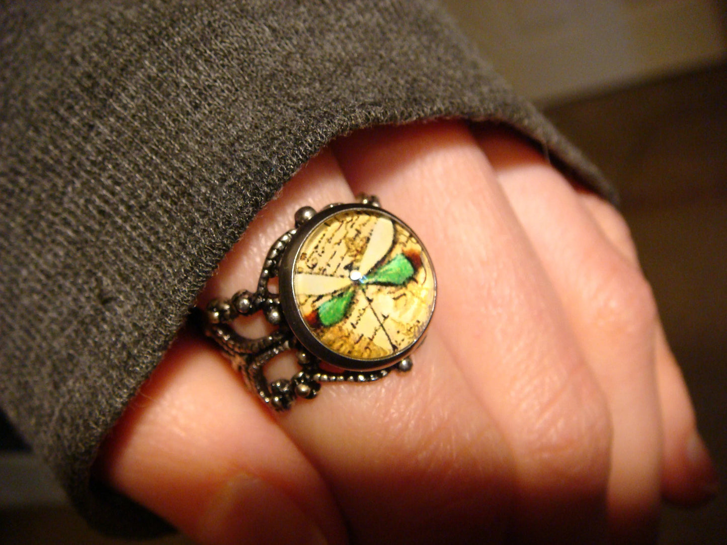 Dragonfly Image Filigree Ring in Antique Silver - Adjustable