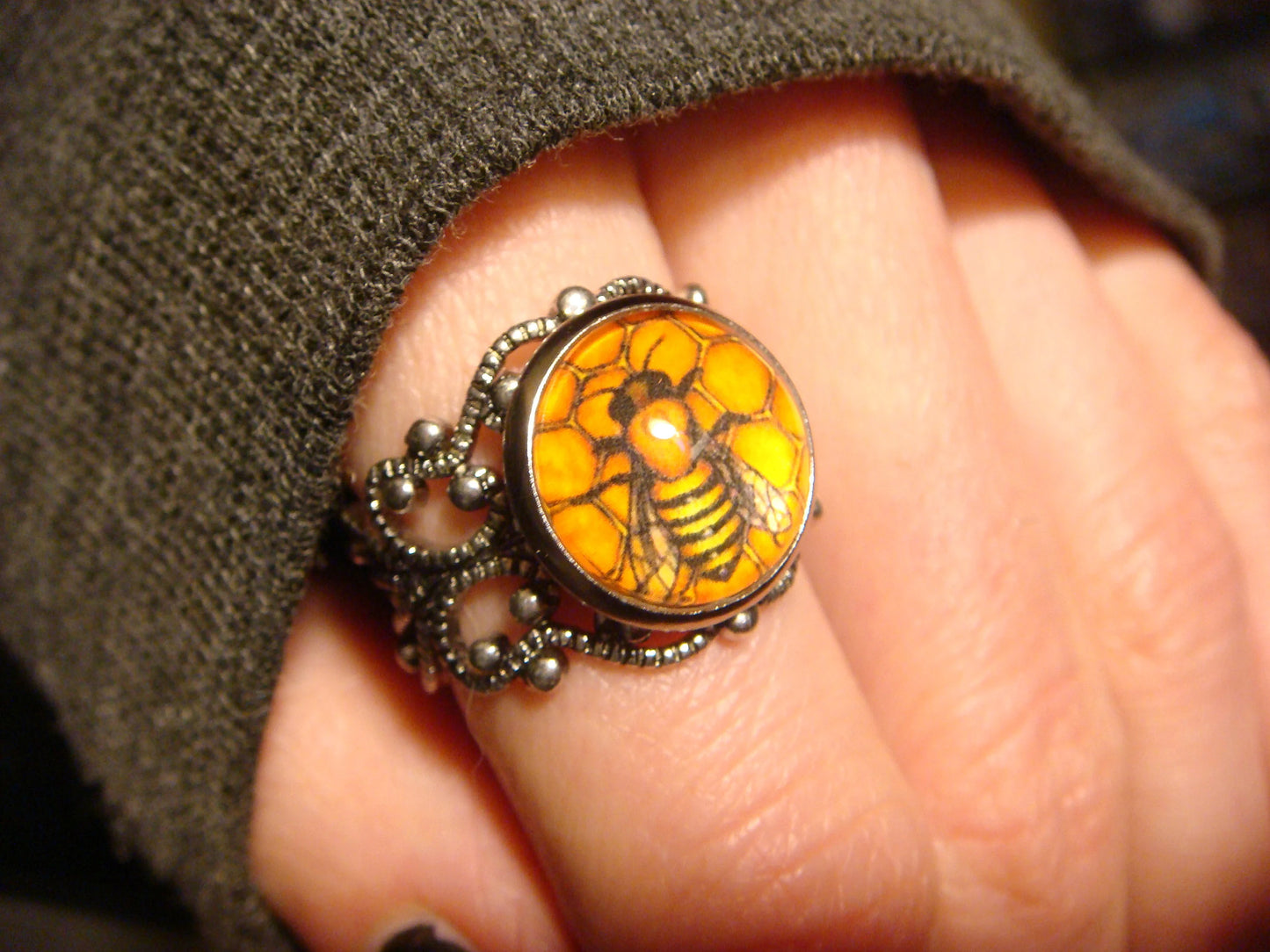 Honeycomb Bee Image Filigree Ring in Antique Silver - Adjustable