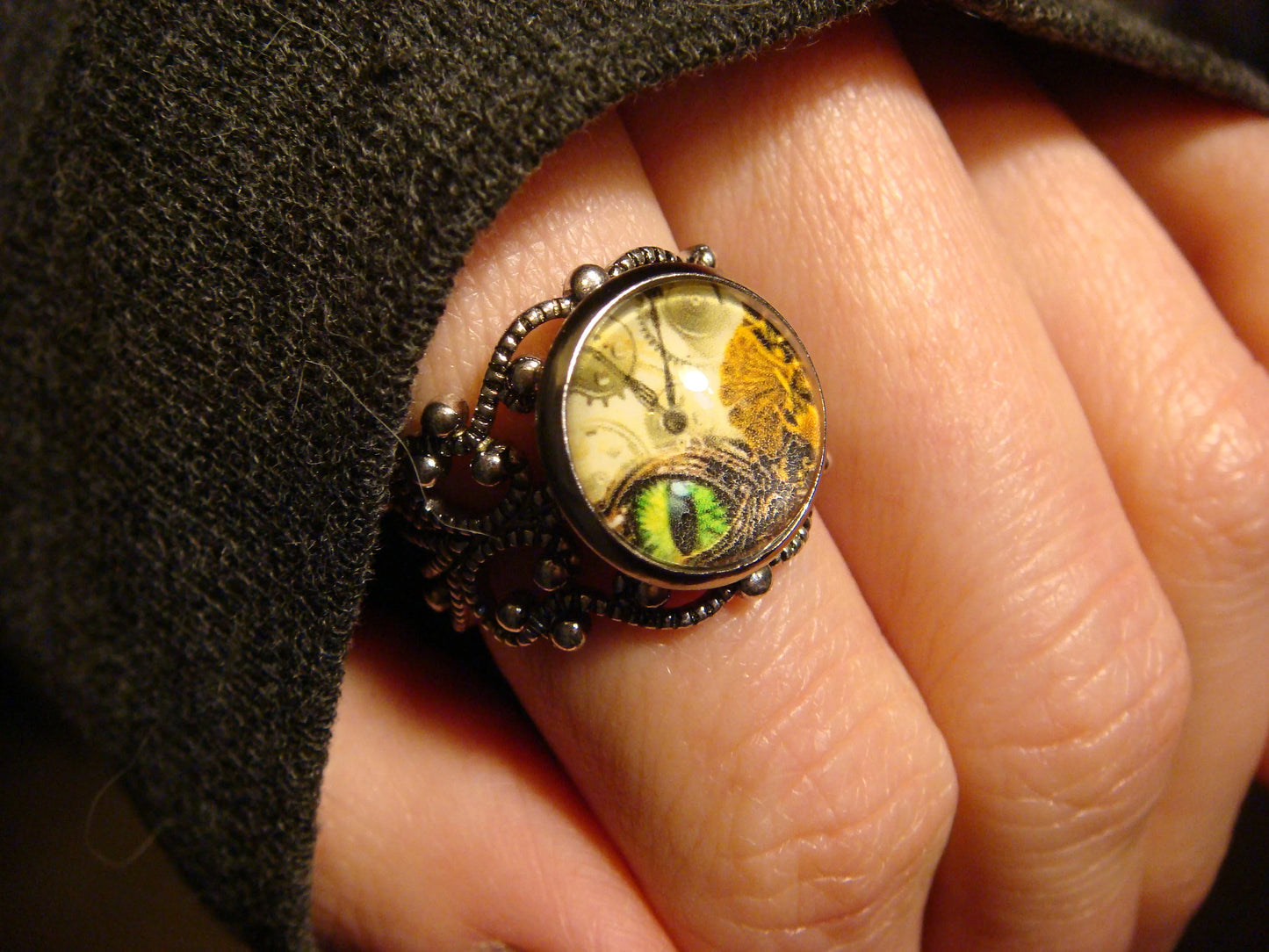 Steampunk Eye Image Filigree Ring in Antique Silver - Adjustable