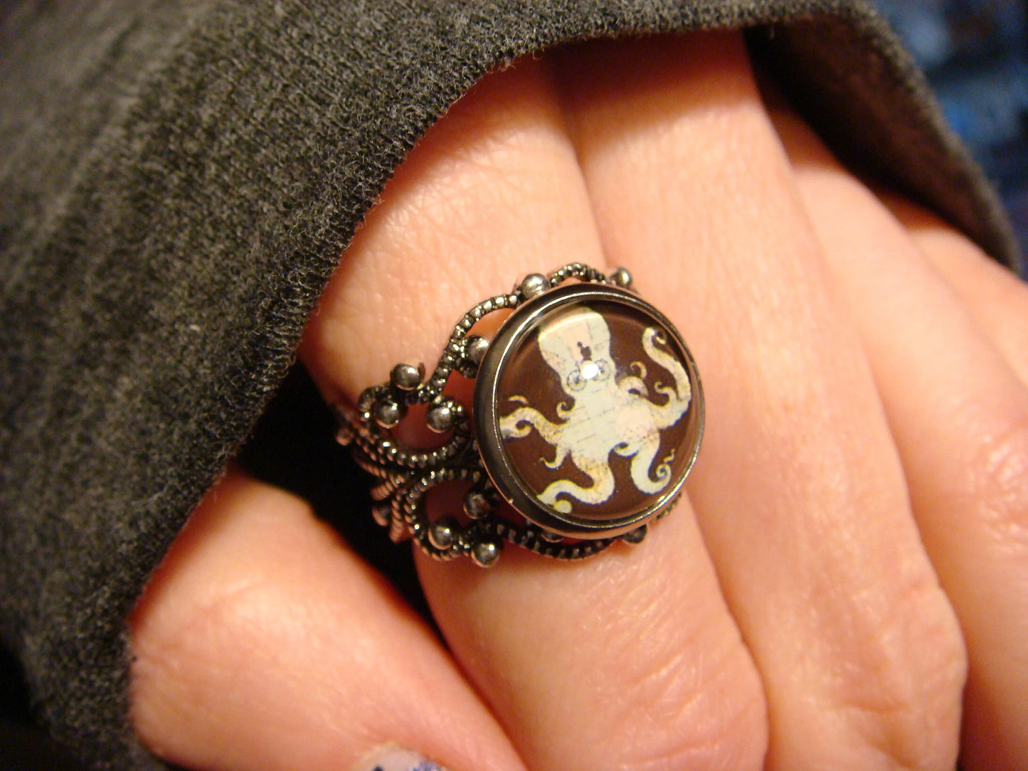 Octopus Map Image Filigree Ring in Antique Silver - Adjustable