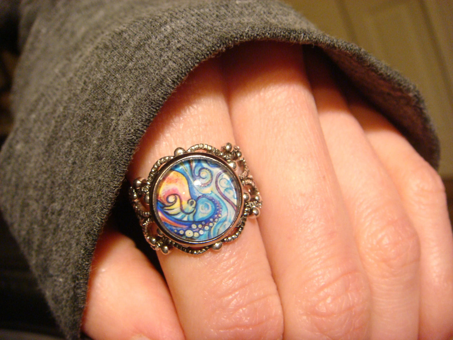 Octopus Swirl Image Filigree Ring in Antique Silver - Adjustable
