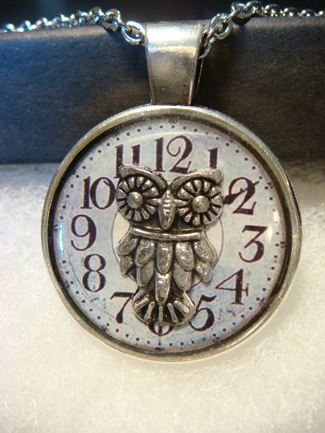 Owl over Clock Pendant Necklace