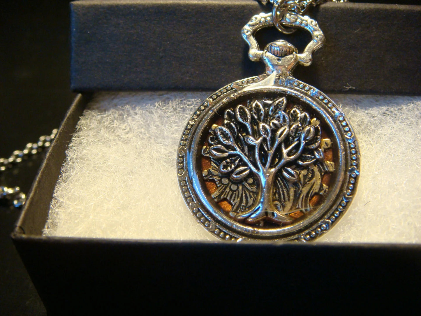 Tree of Life over Etched Gear Pocket Watch Style Pendant Necklace