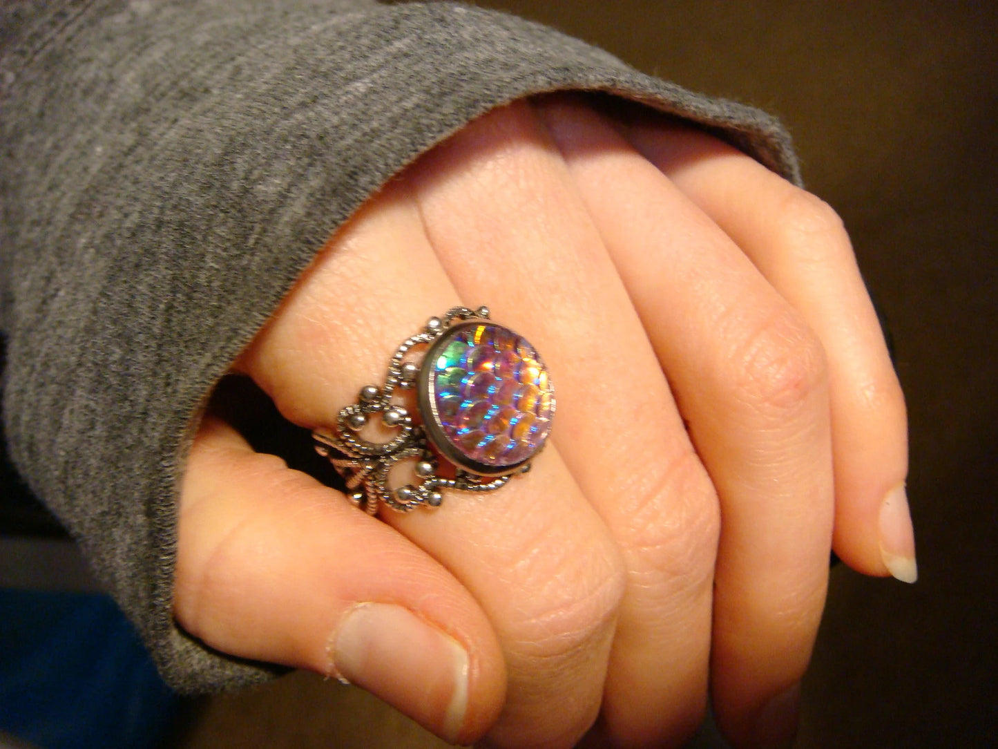 Iridescent Pink Scales Filigree Ring in Antique Silver - Adjustable