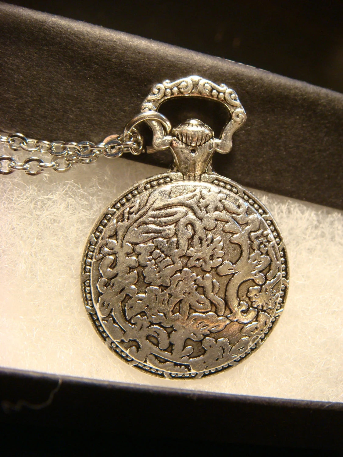 Elephant Head over Etched Gear Pocket Watch Style Pendant Necklace