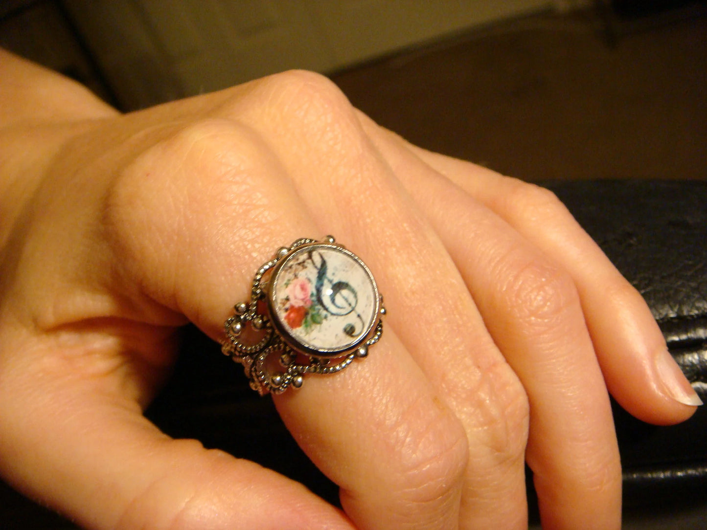 Floral Treble Clef Image Filigree Ring in Antique Silver - Adjustable