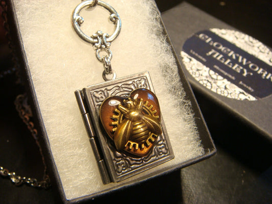 Bee and Gear Heart Book Locket Necklace