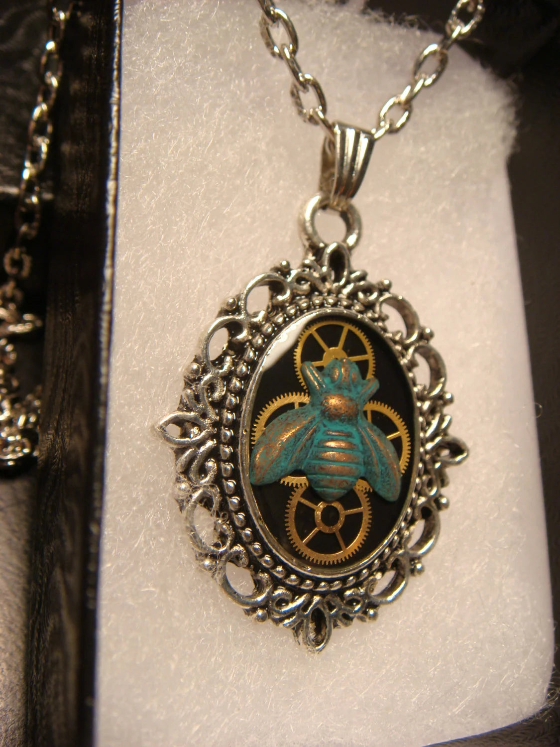 Patina Bee and Gears Small Ornate Necklace