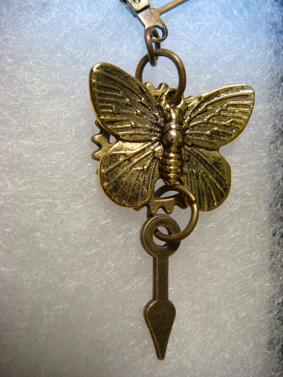 Butterfly and Gear Dangle Earrings in Antique Bronze