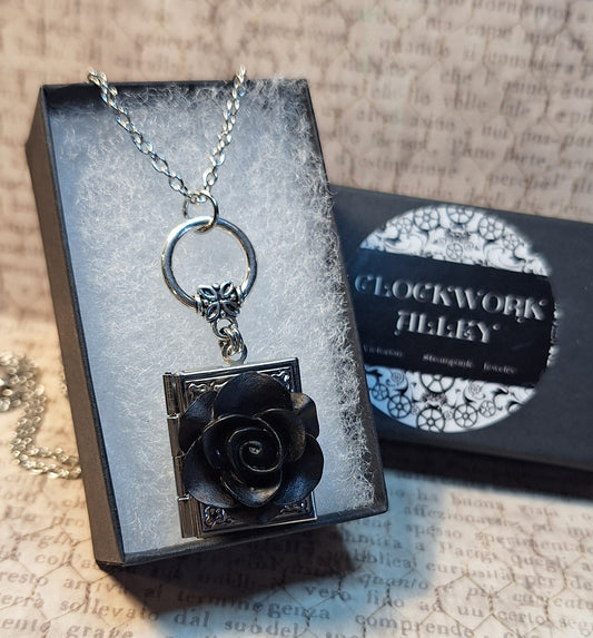 Black Rose Book Locket Necklace