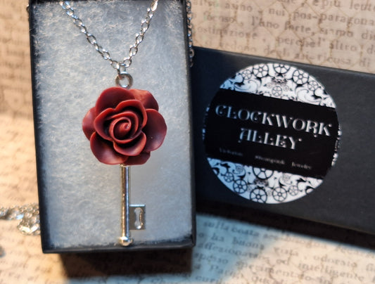 Red Rose Skeleton Key Necklace