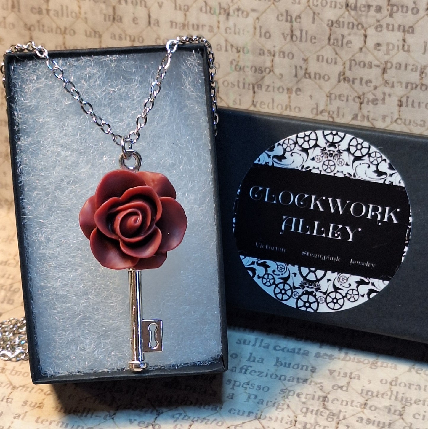 Red Rose Skeleton Key Necklace