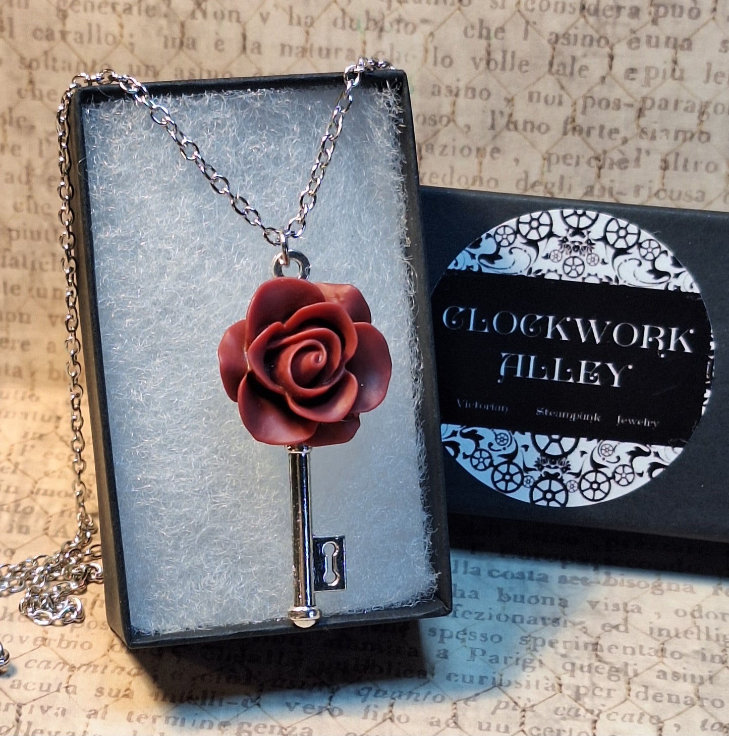 Red Rose Skeleton Key Necklace