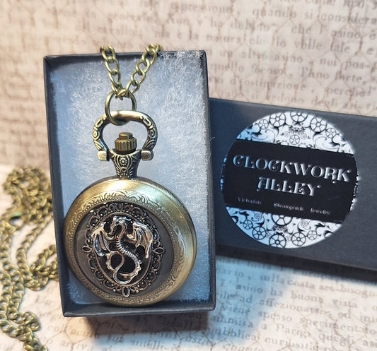 Working Ornate Dragon Pocket Watch Necklace