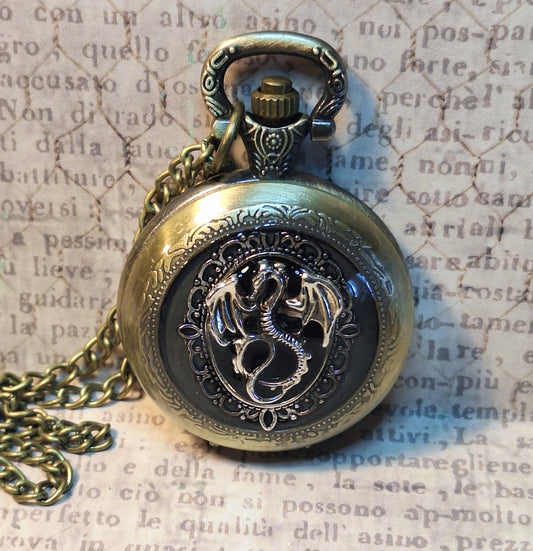 Working Ornate Dragon Pocket Watch Necklace