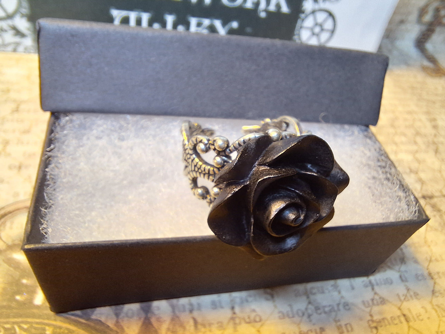 Black Rose Filigree Ring- Antique Silver Adjustable