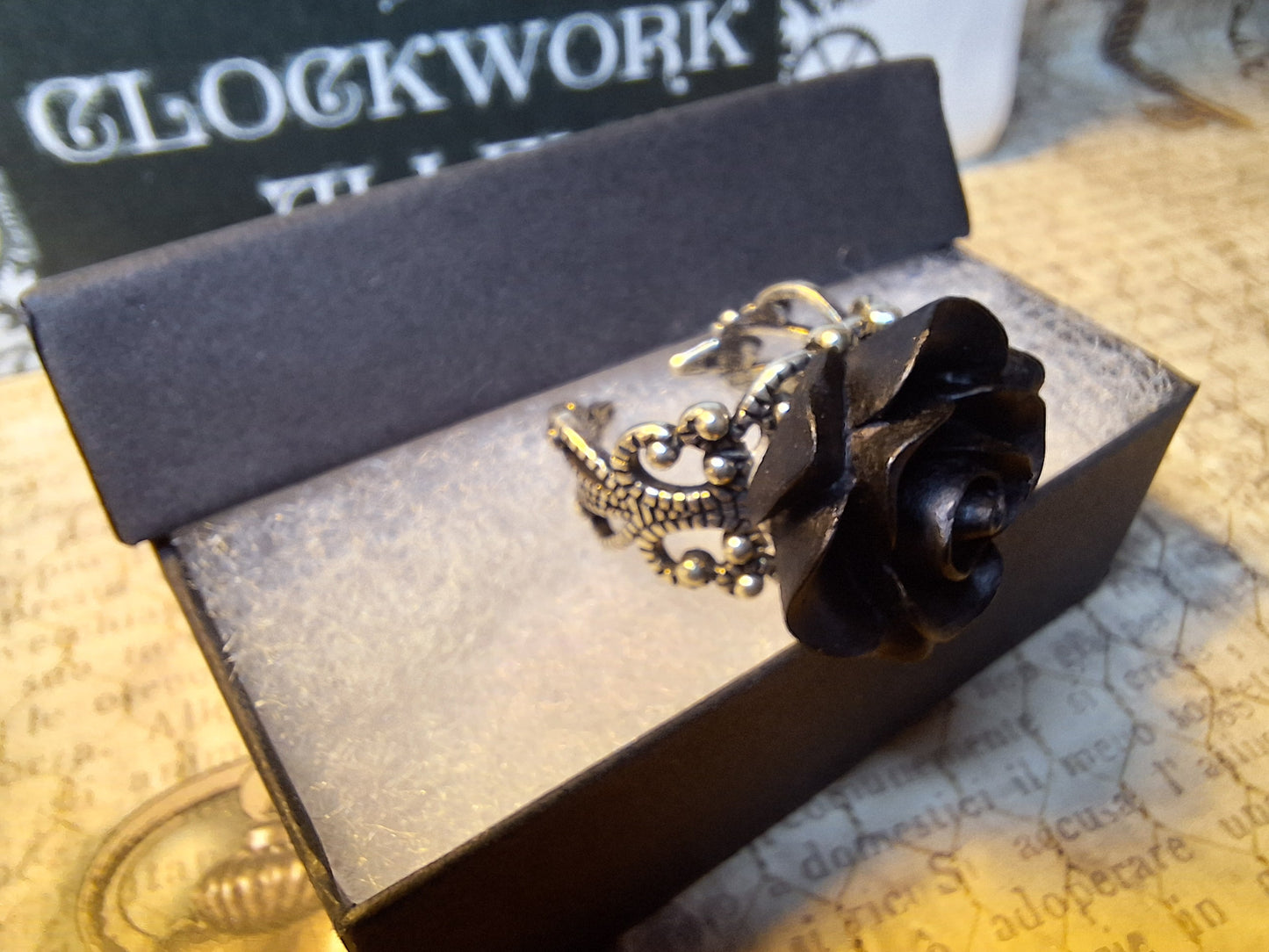 Black Rose Filigree Ring- Antique Silver Adjustable