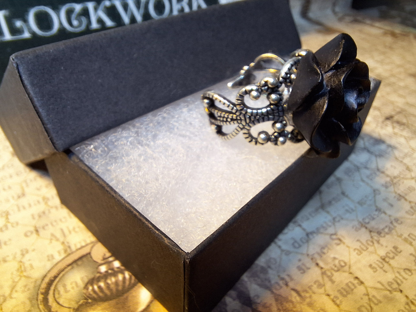 Black Rose Filigree Ring- Antique Silver Adjustable