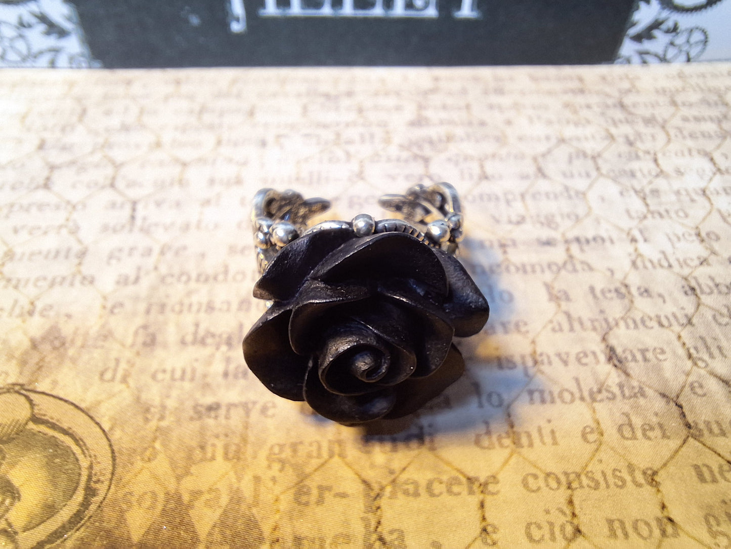 Black Rose Filigree Ring- Antique Silver Adjustable