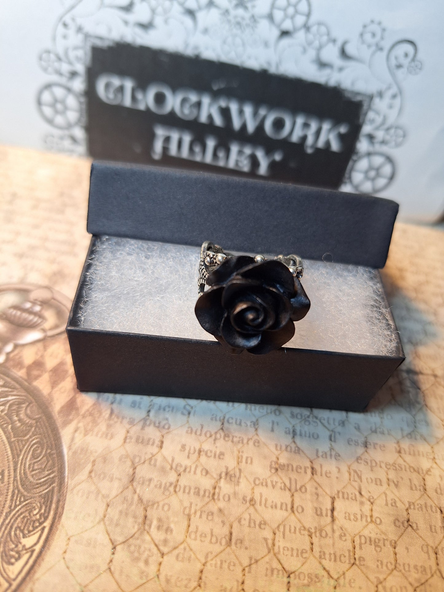 Black Rose Filigree Ring- Antique Silver Adjustable