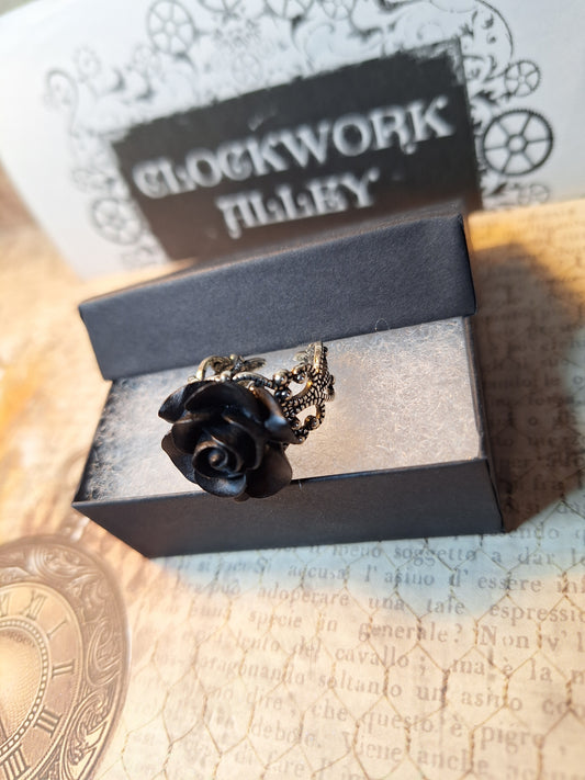 Black Rose Filigree Ring- Antique Silver Adjustable