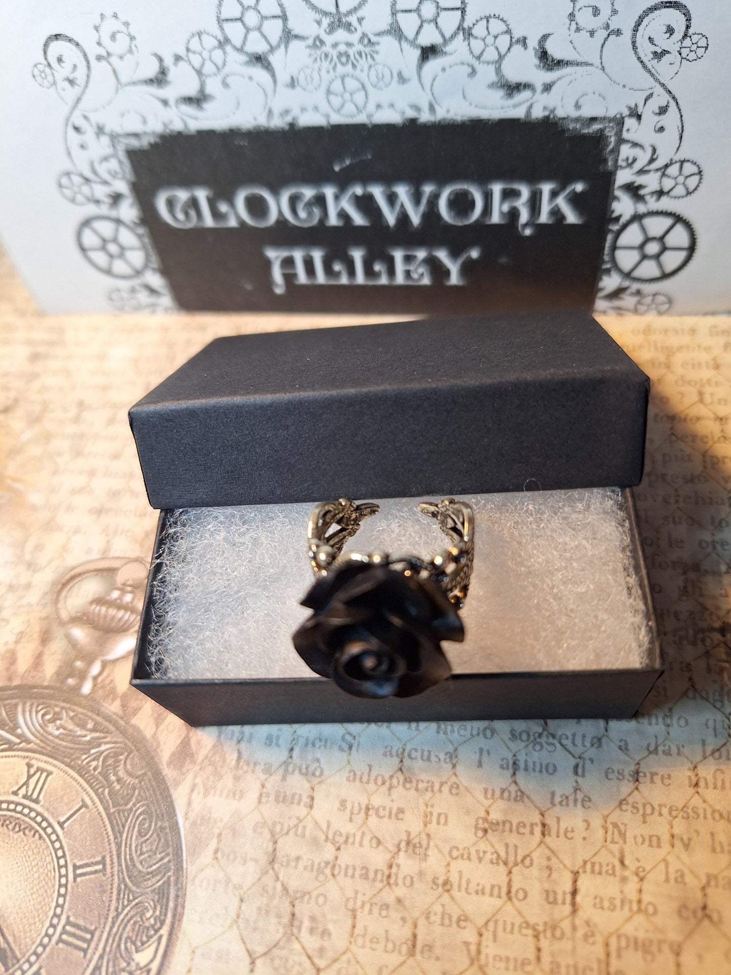 Black Rose Filigree Ring- Antique Silver Adjustable