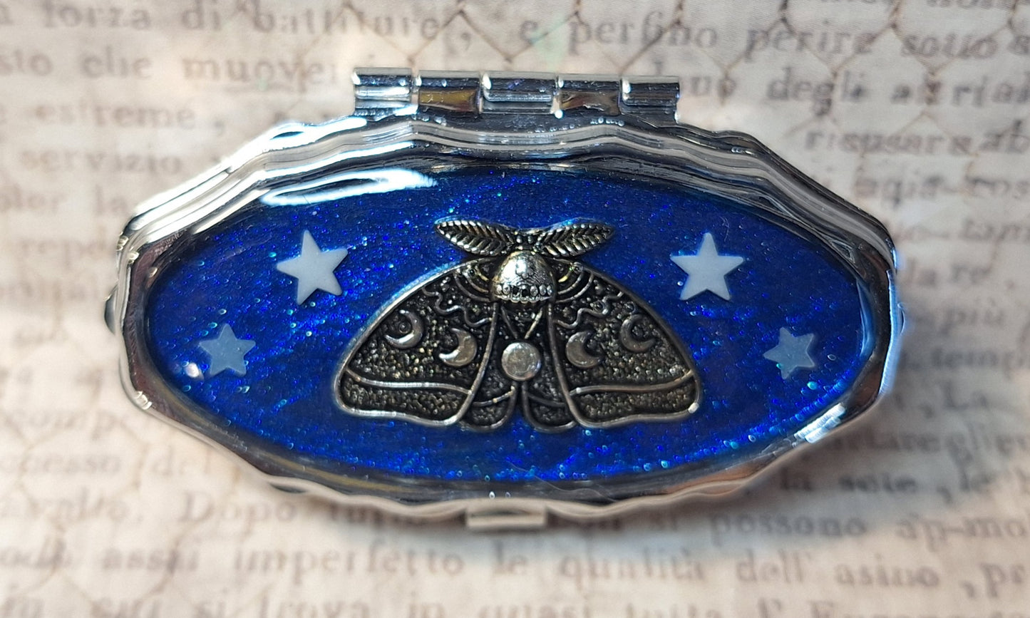 Lunar Moth Trinket / Pill Box Blue with Glow-in-the-Dark Stars