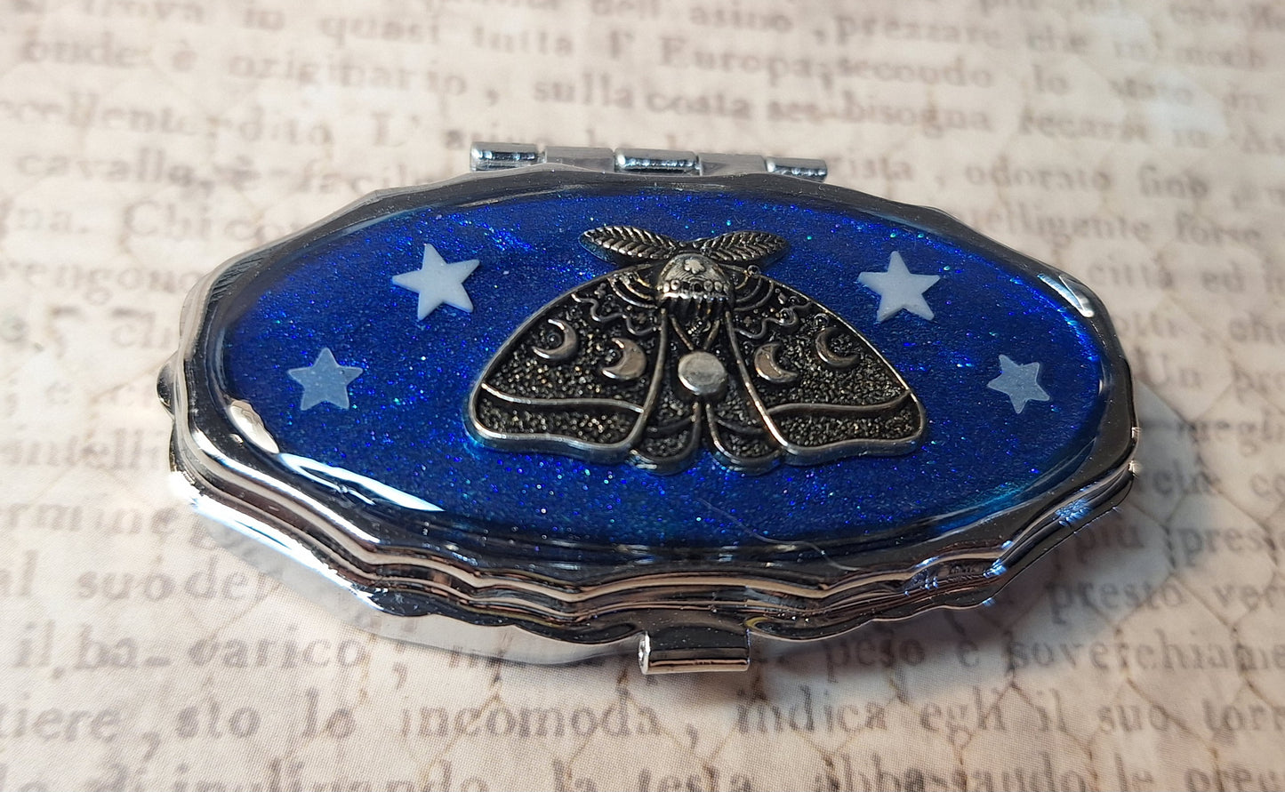 Lunar Moth Trinket / Pill Box Blue with Glow-in-the-Dark Stars
