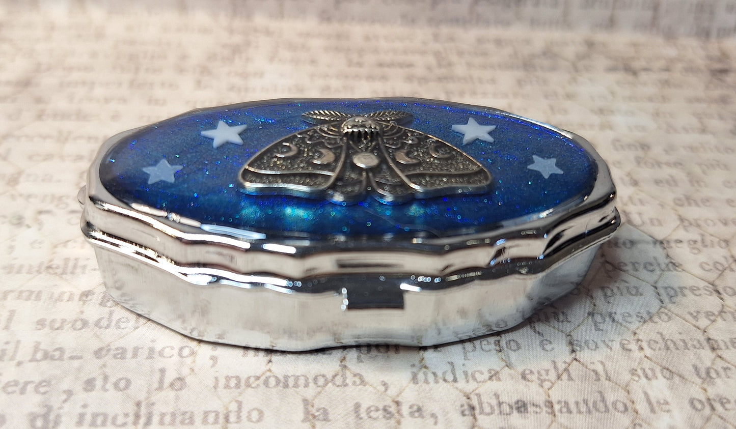 Lunar Moth Trinket / Pill Box Blue with Glow-in-the-Dark Stars