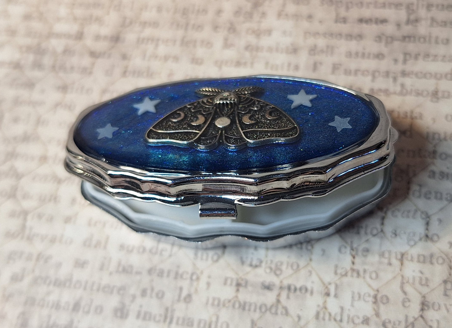 Lunar Moth Trinket / Pill Box Blue with Glow-in-the-Dark Stars