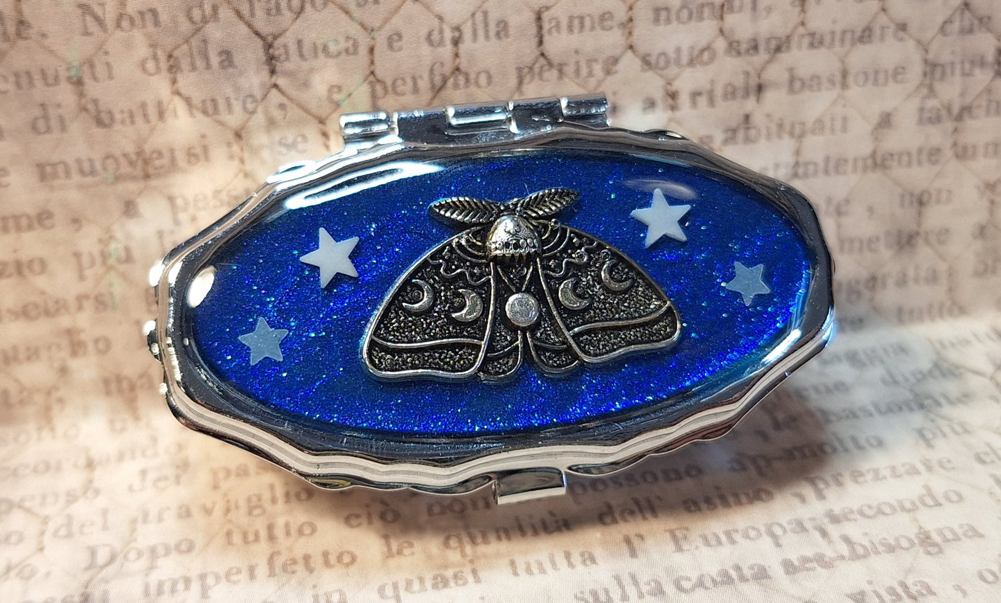 Lunar Moth Trinket / Pill Box Blue with Glow-in-the-Dark Stars