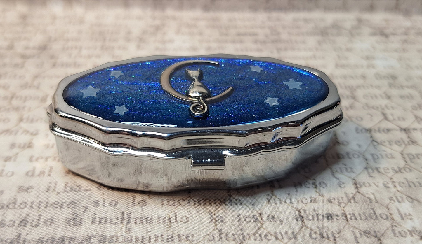 Cat Moon Trinket / Pill Box Glittery Blue with Glow in the Dark Stars