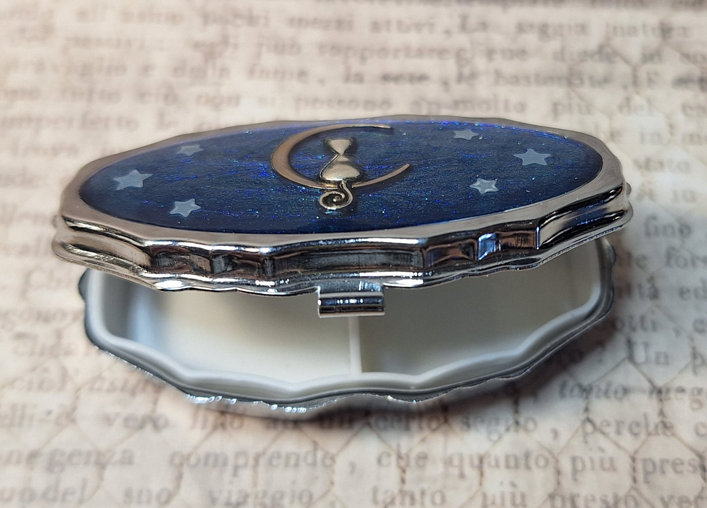 Cat Moon Trinket / Pill Box Glittery Blue with Glow in the Dark Stars