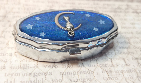 Cat Moon Trinket / Pill Box Glittery Blue with Glow in the Dark Stars