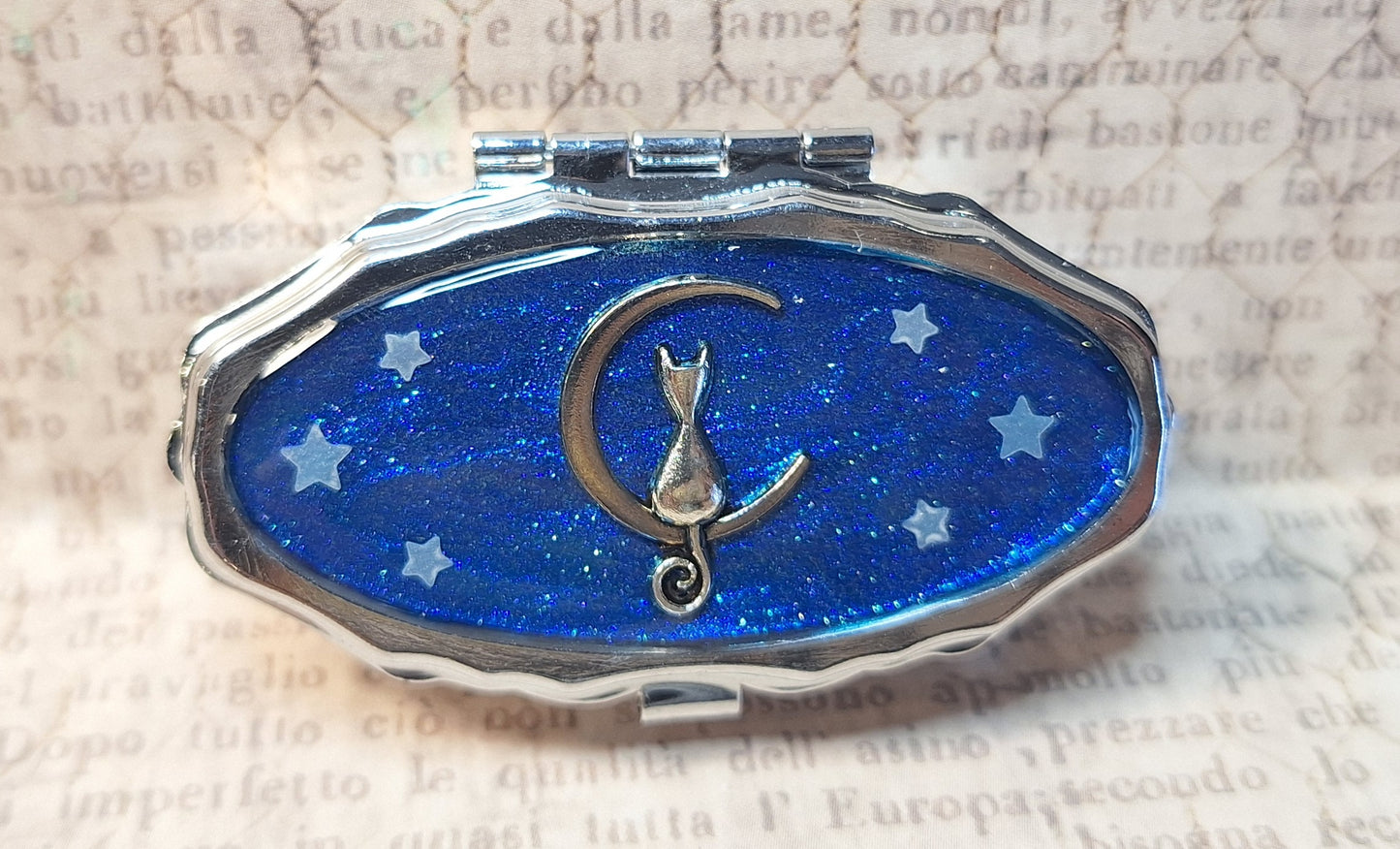 Cat Moon Trinket / Pill Box Glittery Blue with Glow in the Dark Stars