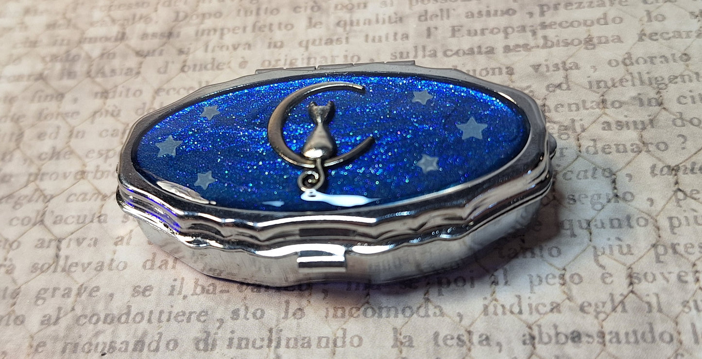 Cat Moon Trinket / Pill Box Glittery Blue with Glow in the Dark Stars