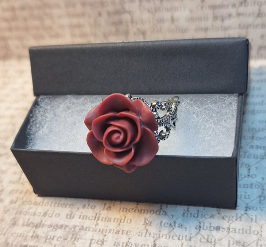 Red Rose Filigree Ring in Antique Silver