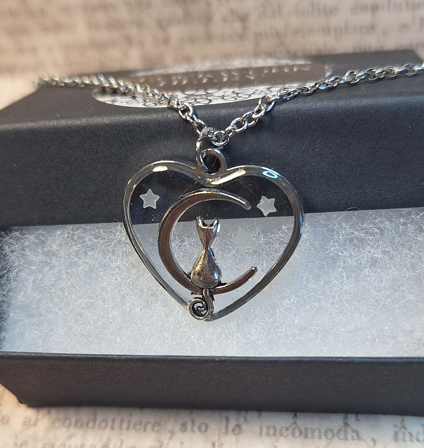 Cat Moon Transparent Heart with Glow in the Dark Stars Necklace
