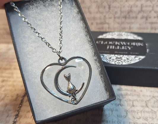 Cat Moon Transparent Heart with Glow in the Dark Stars Necklace