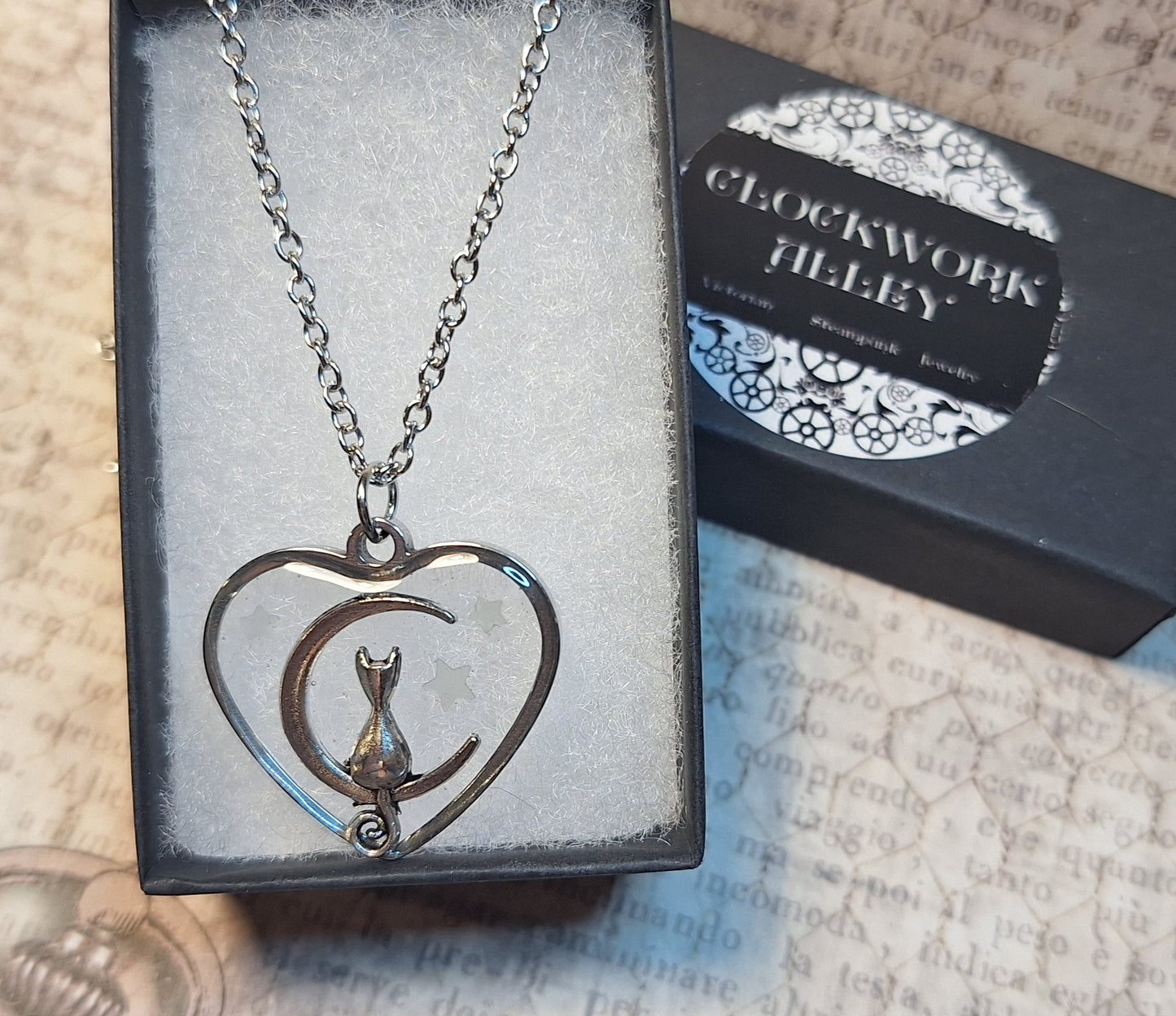Cat Moon Transparent Heart with Glow in the Dark Stars Necklace