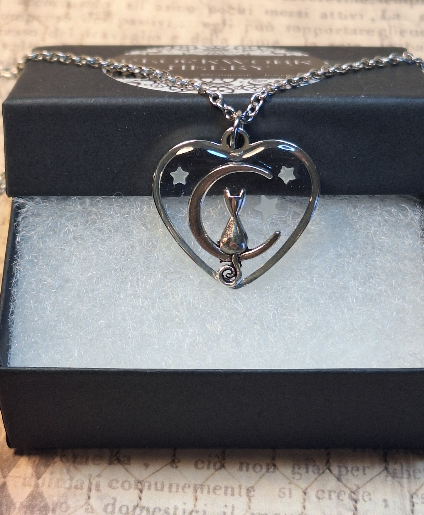 Cat Moon Transparent Heart with Glow in the Dark Stars Necklace